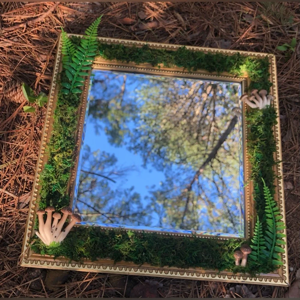 Square vintage fairy moss mushroom mirror